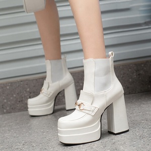 on Women's Big US Size 15 Short Ankle <b>Boots</b> Metal Ornaments Chunky Heels Shoes Stretch Top Wide Feet Pumps for Ladies - Product Image 1