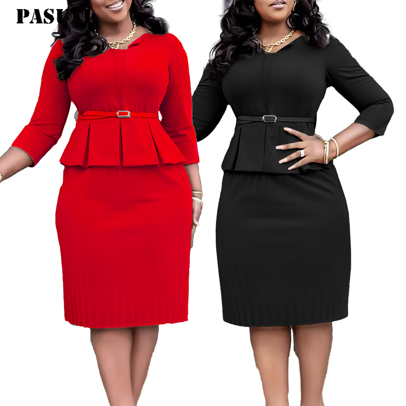 PASUXI Elegant Solid Color Pleated Dress