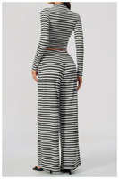 Ensemble deux pièces rayé pour femme, débardeur court sans bretelles et pantalon large taille haute, décontracté, respirant, en polyester