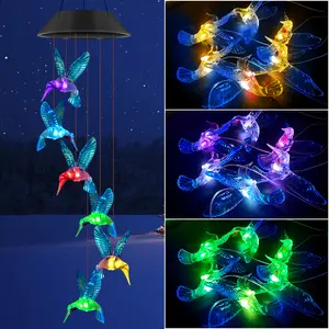 Hot sale Solar led New solar wind chimes led outdoor colorful luminous dragonfly butterfly decorative flower chandelier