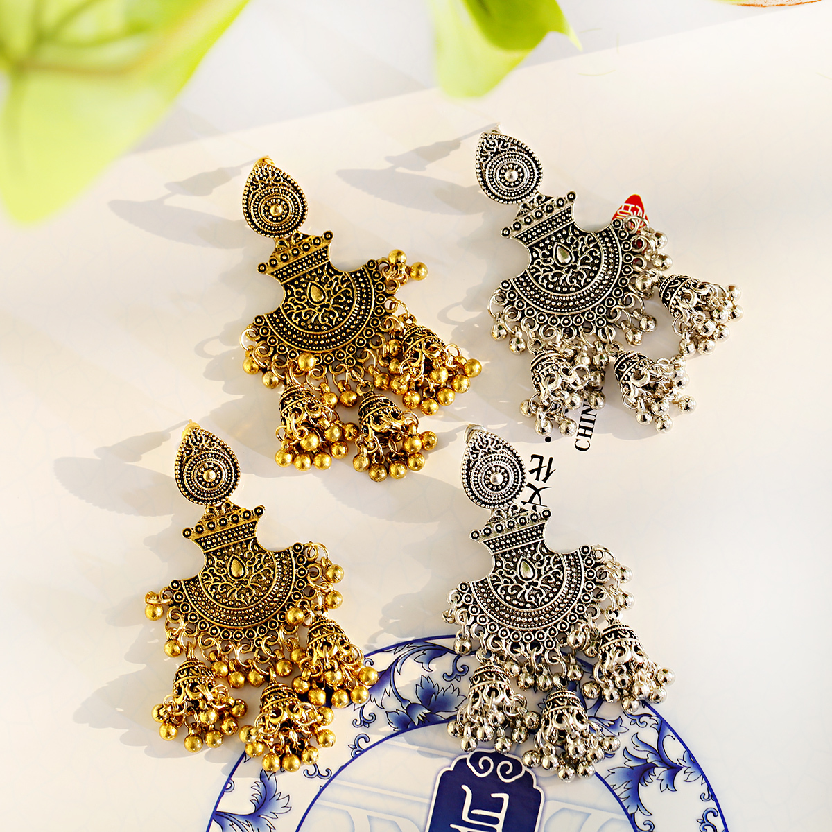 Boucles D'oreilles Pendantes Vintage Bohème - Motif Tribal Fleur De Vigne - Acier Inoxydable - 38x41 Mm - Cadeau Femme - 6
