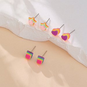 Rainbow Heart Star <b>Square</b> Stud Earrings <b>Set</b> For Students Gift Fashion Jewelry - Product Image 1