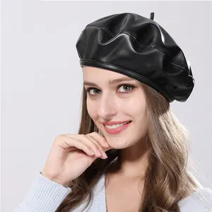 Béret classique en cuir PU pour femme, chapeau de couleur noire, élégant, solide, bonnet d'artiste français
