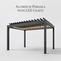 Pergola en aluminium avec éclairage LED et lames orientables pour salon extérieur moderne