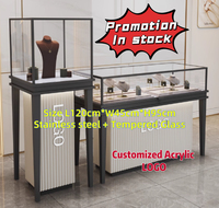 Promotion : Vitrine à bijoux en acier inoxydable avec éclairage LED, verre trempé, en stock, personnalisation du logo