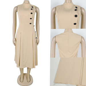 S10993 Vestidos <span class=keywords><strong>de</strong></span> Verano <span class=keywords><strong>de</strong></span> Moda para <span class=keywords><strong>Mujer</strong></span>, Casuales, Elegantes, <span class=keywords><strong>de</strong></span> Cintura Alta, Cuello Alto, Sin Mangas, Vestido <span class=keywords><strong>de</strong></span> Oficina para <span class=keywords><strong>Mujer</strong></span> con Botones - Product Image 4