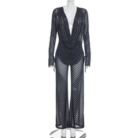 Viviblook J26ST182 Ensemble pour femme, haut transparent à pois à col en V profond, pantalon droit taille haute, ensemble deux pièces