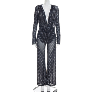 Viviblook J26ST182 Women <b>Set</b> Deep V-Neck Polka Dot See Through Top High Waist Straight Leg Pants Two Piece <b>Set</b> - Product Image 2