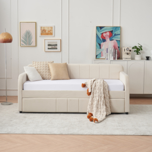 Sofá <span class=keywords><strong>Cama</strong></span> Individual Tapizado con Base de Madera y Soporte de Láminas, Ideal para Dormitorio, Sala de Estar y Habitaciones de Invitados, Color Beige - Product Image 1