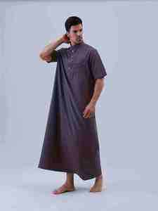 <b>Men's</b> Brown Cotton <b>Thobe</b> Short Sleeve Floor Length Shirt Collar Modest Prayer Wear Solid Color Regular Fit All Seasons - Product Image 3