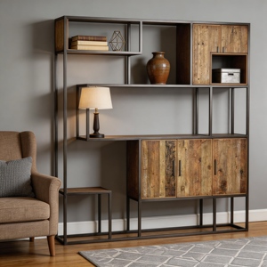 Reclaimed Elm and Mid Burnt Oak with Steel Frame Traditional Wall Unit for Living Room - Product Image 5