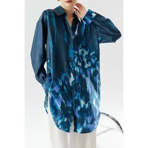 वसंत ग्रीष्म महिलाओं के शीर्ष कपड़े एक्स-लंबी ढीली शर्ट फैशन प्रिंटिंग शिफॉन ब्लाउज