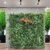 Tanaman buatan daun hijau, 100*100cm kualitas tinggi bunga merah dinding rumput Anthurium untuk dekorasi dalam dan luar ruangan