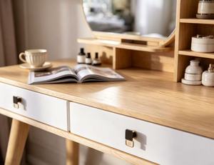 Scandinavian Solid Birch <b>Makeup</b> <b>Vanity</b> With Mirror And Storage Drawers For Bedroom - Product Image 3