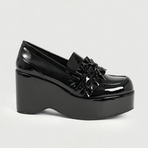 Mocasines de Plataforma con Tacón de Cuña de 9 cm para Mujer, en Charol Negro, con Volantes y Lazo, Estilo Gótico, Zapatos Chunky Harajuku Creepers para Damas - Product Image 3