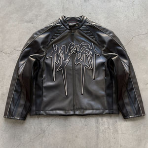 Chaqueta de cuero sintético personalizada para hombre, bordada, desgastada, con cremallera, estilo Y2K, cortavientos, hombros caídos, ropa de calle de invierno - Product Image 3