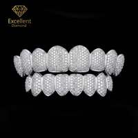 Grillz haut de gamme 8 dents supérieures et 8 dents inférieures en argent sterling 925 et moissanite entièrement pavée, bijoux hip-hop pour performances en club