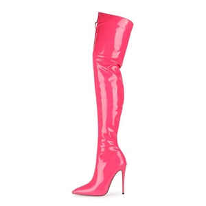 Patent Leather Upper Thin Heel Front Zipper Women Over Knee High Boots Pointed Toe Thigh High Sexy Skintight Booties for Ladies - Product Image 1