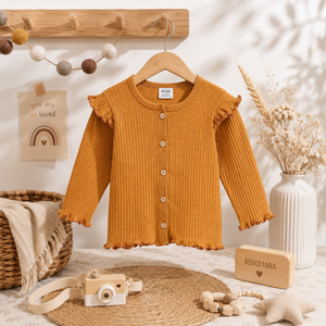 Cómodo cárdigan dorado con volantes, hecho con tela suave, flexible y cómoda, con hermosos detalles para actividades diarias lúdicas. - Product Image 3