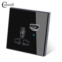Kendiliğinden İyileşen Sıfırlama Anahtarı IP20 Alev Geciktirici 86 Siyah Cam Panel LED Işıklı 10A 250V Tam Seri İhracat Duvar Priz Setleri