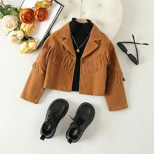 2024 модная новая осенне-зимняя куртка для девочек с лацканами и бахромой в стиле пэчворк пальто в западном стиле пальто для девочек куртки для детей
