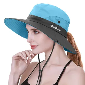 Chapéu de sol feminino com rabo de cavalo e aba larga, boné de praia com proteção UV para pesca, caminhadas e jardinagem ao ar livre