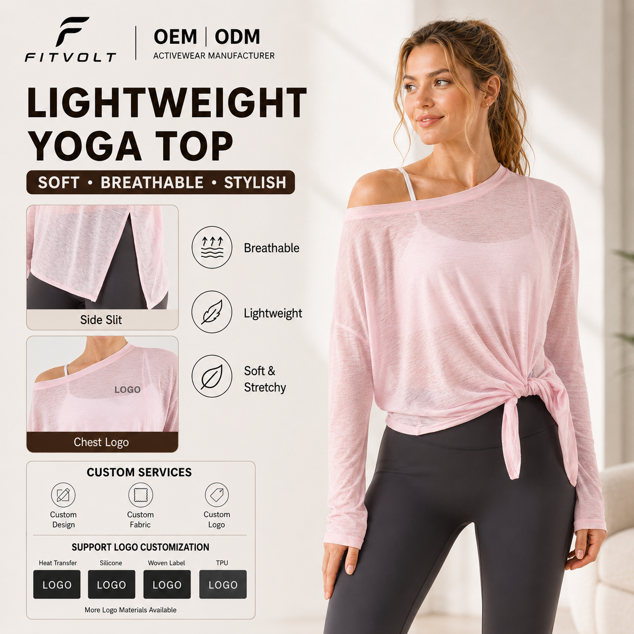 FITVOLT Breathable Four-Way Stretch Loose Lightweight Long Sleeve Yoga Top Side Slit Slim Fit Summer Sports Fitness Shirt