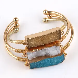 Fashion 9 Different Color Druzy Jewelry Gold Plated Open Cuff Bangle Natural Rectangle Druzy Copper Bracelet Bangle