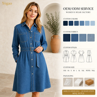 Robe Chemise Décontractée en Jean Uni Yegao pour Femme, Longueur Midi, Manches Longues, Ceinturée, Vêtement de Travail, Vente en Gros, Usine de Vêtements Chinoise OEM ODM