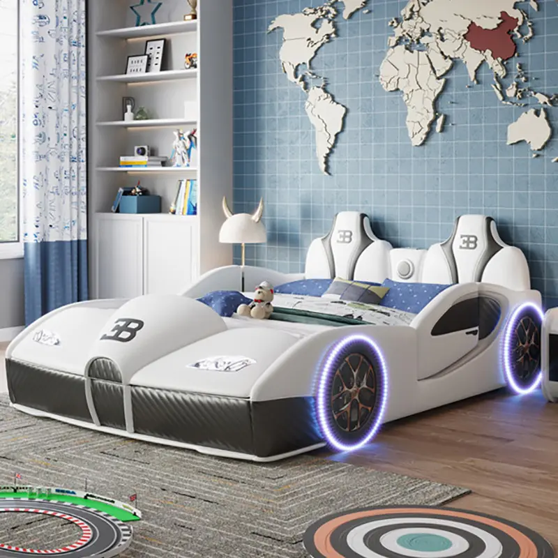 2023 새로운 창조적 인 간단한 자동차 어린이 침대 리틀 보이 창조적 인 단단한 나무 프레임 고품질 가죽 침대