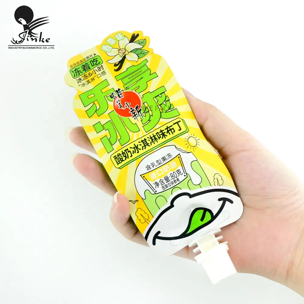 Nuevo diseño personalizado impresión plástico papel de aluminio bebida Comida boquilla bolsa con palo para pudín helado embalaje