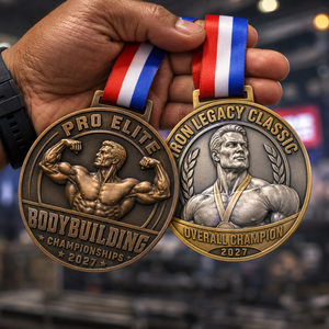 Medallas personalizadas <span class=keywords><strong>de</strong></span> aleación <span class=keywords><strong>de</strong></span> zinc 3D en oro y plata para culturismo, medallas <span class=keywords><strong>de</strong></span> premio Pro Elite Iron Legacy para campeones generales con cinta impresa - Product Image 1