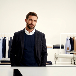 Red Star Unisex <b>Navy</b> Sweater with White Collar Shirt and Dark Blazer for Formal Wear - Product Image 1