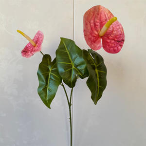 زهرة أنثوريوم اصطناعية مصنوعة يدويًا فرع زهرة أنثوريوم برأسين نبات أخضر أوراق الشجر لحفلات الزفاف في عيد الميلاد زهور عيد رأس السنة الجديدة - Product Image 4