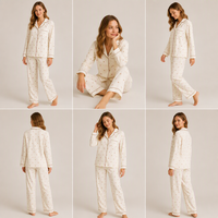 Ensemble de pyjama côtelé texturé double face 100 % coton pour femme, motif cœur mignon, manches longues avec passepoil contrastant, couture latérale, tenue d'intérieur