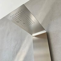 Ensemble de douche mural moderne et minimaliste en acier inoxydable chromé brossé, avec jet de pluie et douchette à double sortie d'eau pour salle de bain