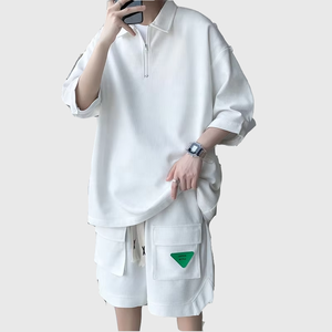 أطقم وافل جديدة Xb مقاس كبير 5xl-<span class=keywords><strong>m</strong></span> أزياء الرجال بسيطة بياقة مطوية للأسفل أكمام قصيرة وسروال قصير ملابس الشارع - Product Image 5