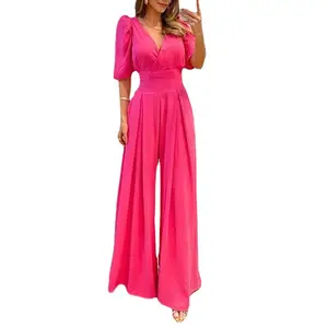 Leisure Women's Summer Jumpsuit High Waisted Wide Leg with Harem Pants Solid Color Floral Pattern Quick Dry Canvas Fabric
