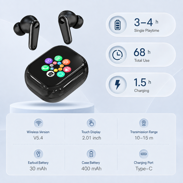 New Intelligent Color Screen TWS Bluetooth Earphones ANC+ENC Noise Reduction Touch Long Endurance Bluetooth Earphones