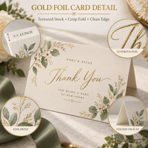 Cartes de remerciement personnalisées en or sur fond vert sauge avec enveloppes et autocollants holographiques pour cadeaux et emballages. - Product Image 3