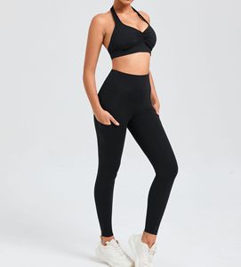 Ensemble de vêtements de yoga pour femmes, haut de sport avec bretelles, ajusteur de soutien-gorge en forme de V, leggings avec poches, tenue de sport, vêtements de fitness, ensemble de gym, effet push-up - Product Image 3