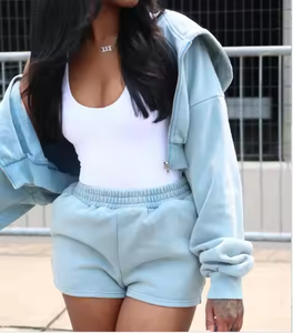 Ensemble short 2 pièces pour femmes survêtements courts zippés en coton vierge personnalisé deux pièces pour femme - Product Image 3