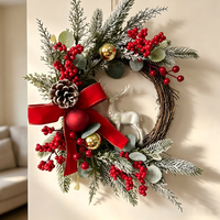 Guirlande décorative de Noël avec nœud et baies rouges, cercle de fleurs artificielles, décoration de fête pour la maison, pour porte et mur