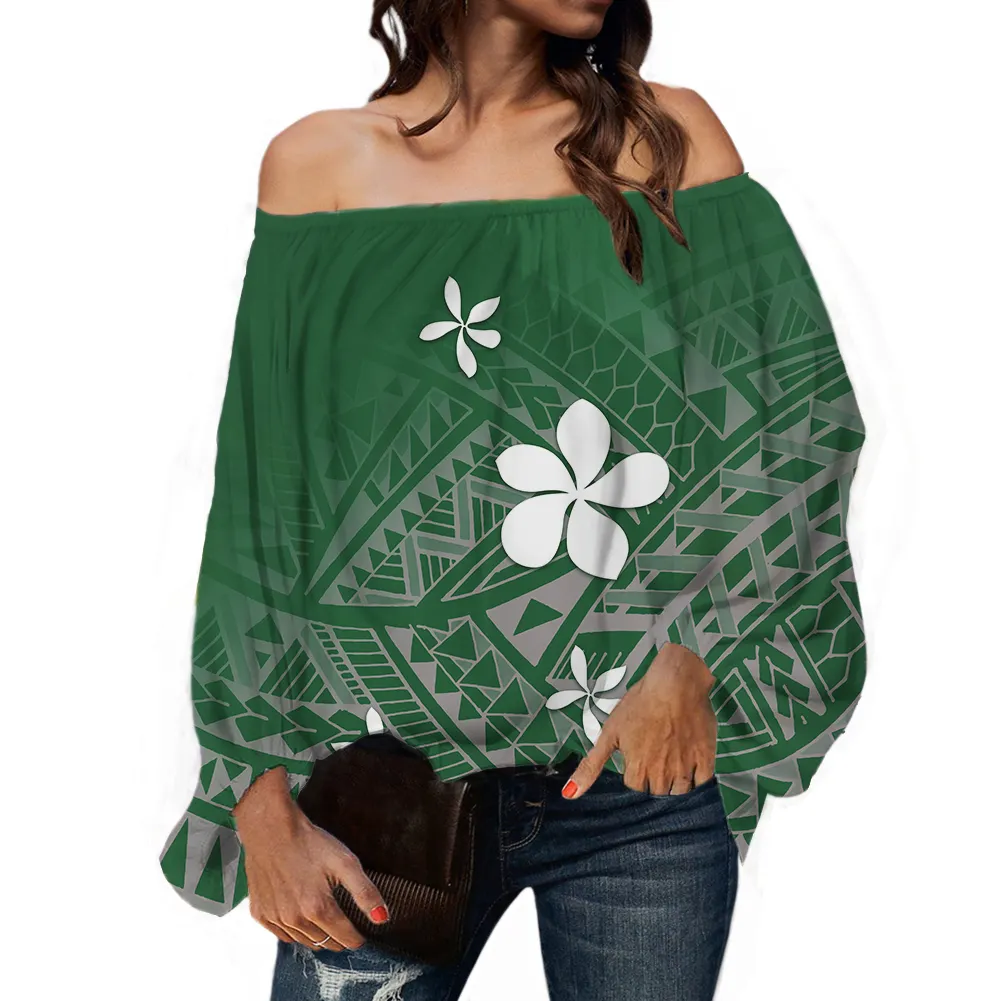 Pacific Island Art Women Milk Silk Green Ruffle Off spalla camicette Polynesian Tribal Plumeria stampa a sublimazione 8XL Top