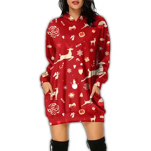 Natal imprimir moletom com capuz Drawstring leve manga longa Pullover Hoodie vestido feminino