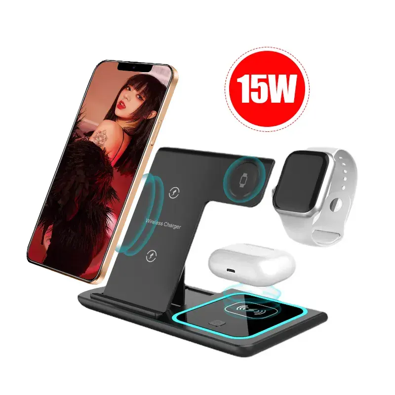 Custom Wholesale Portable Foldable Qi Fast Charging Stand 15W 3 in 1 Wireless Charger Dock Station for iPhone 13 12 14