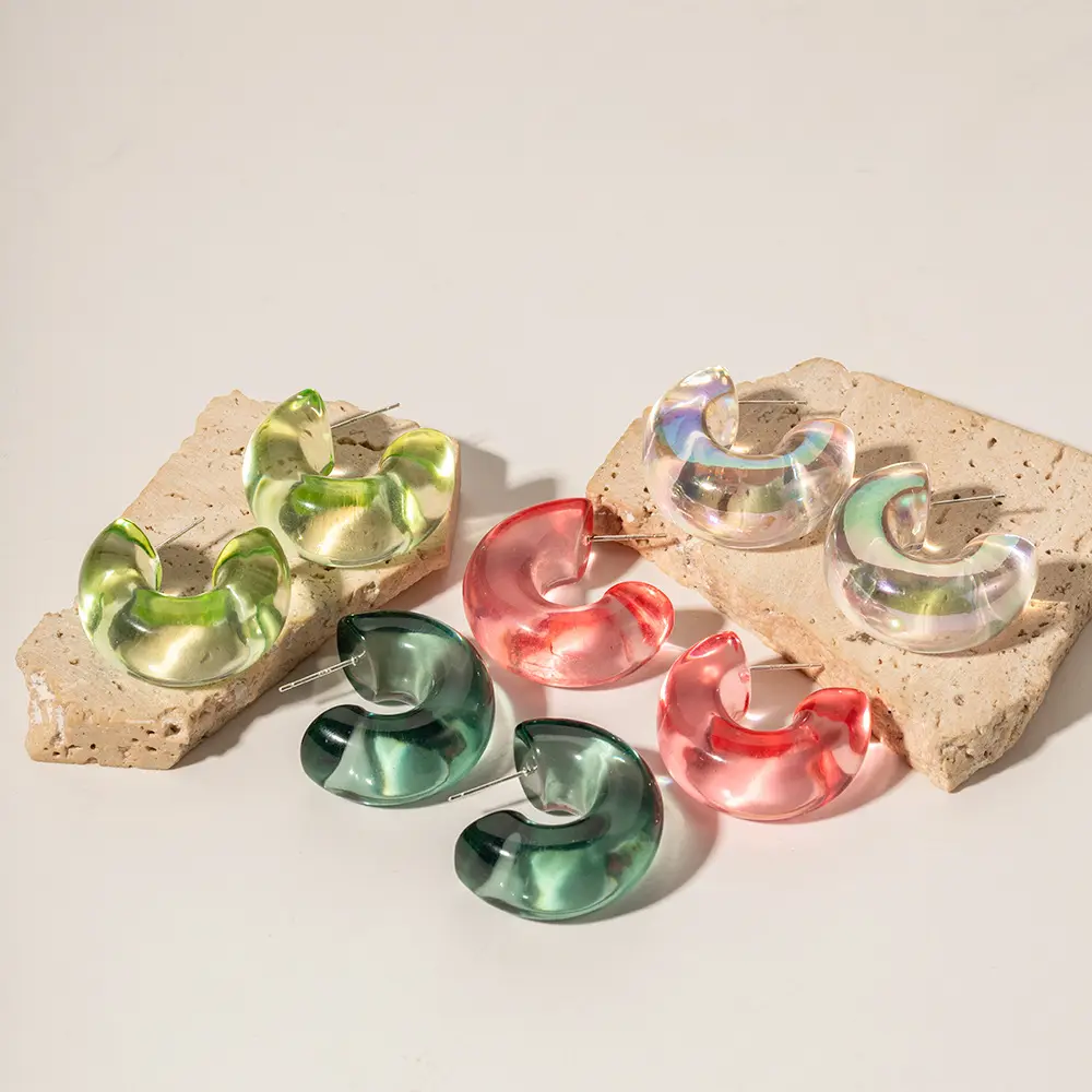 Pendientes de aro de resina en forma de C coloridos transparentes de Color sólido de joyería diaria minimalista para mujer