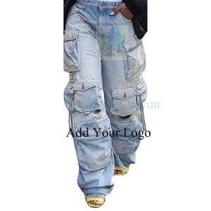 Pantaloni Jeans Cargo con tasche a buon prezzo da donna con stile Hip Hop con strappi strappati a vita alta pantaloni Cargo - Product Image 2