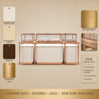 Ensemble de table de présentation de bijoux moderne et luxueux blanc et or rose, vitrine élégante en verre trempé pour les boutiques de détail