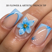 Vente en gros de faux ongles 3D à motifs floraux, bleus, à bout français, courts, carrés, avec centre doré, pour femmes, manucure
